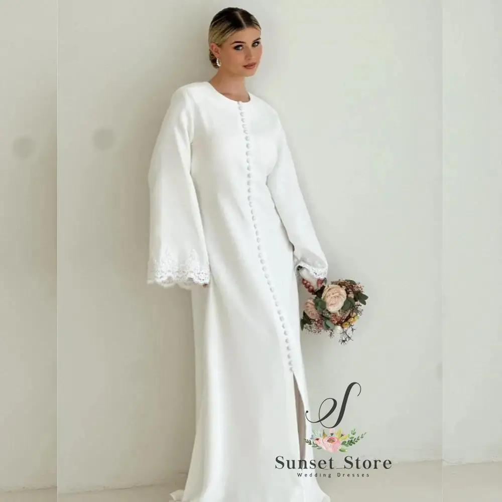 Customized  Simple Muslim Wedding Dresses Woman's Mermaid Appliques Button Formal Long Sleeve Split Bride Gowns 2025