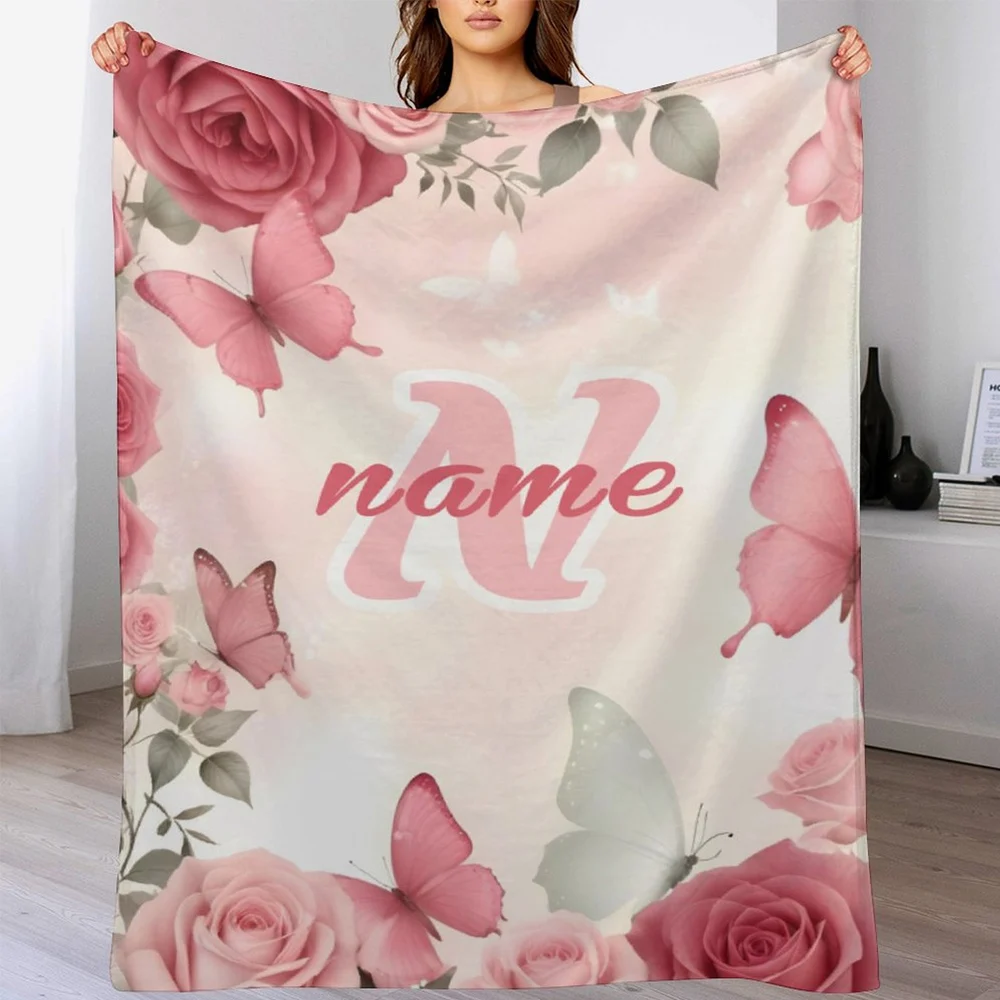 

Personalized Butterfly & Floral Flannel Throw Blanket with Custom Name–Ideal for Napping,Camping,Travel–Gift for Family Friends