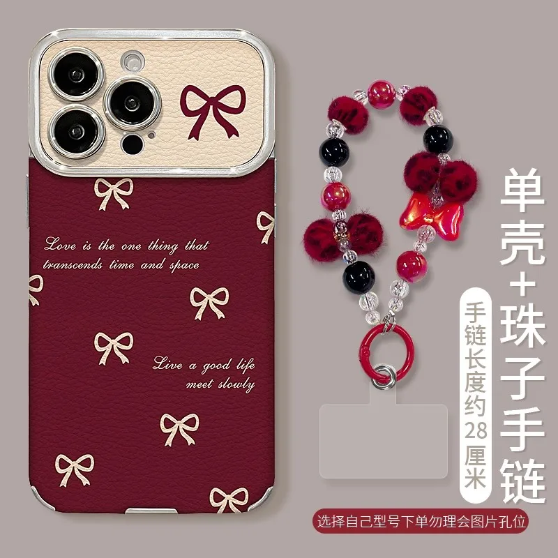 

Новогодний чехол-кронштейн из искусственной кожи с красным бантом для iPhone 17promax 16pro 15 Plus 14 13 12 11 Xsmax XR Задняя крышка
