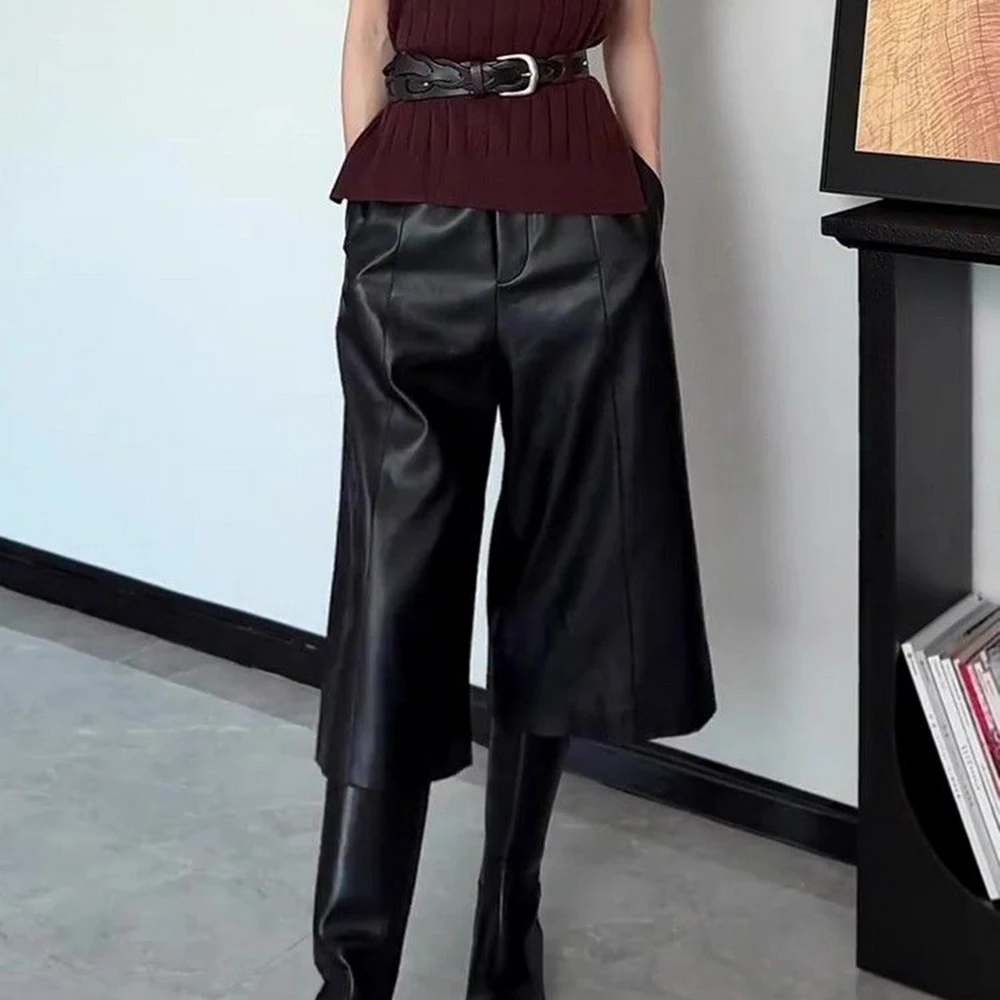 قسط السراويل الجلدية السوداء المرأة الخريف جديد عالية الخصر فضفاضة ورقيقة مزاجه السراويل المستقيمة #3