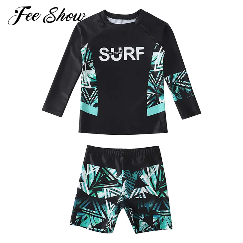 

2Pcs Kids Boys Swimsuit Rash Guard Outfit Long Sleeve Geometric Pattern Print Top Shorts Sets Swimming Suit Beachwear Rashguard