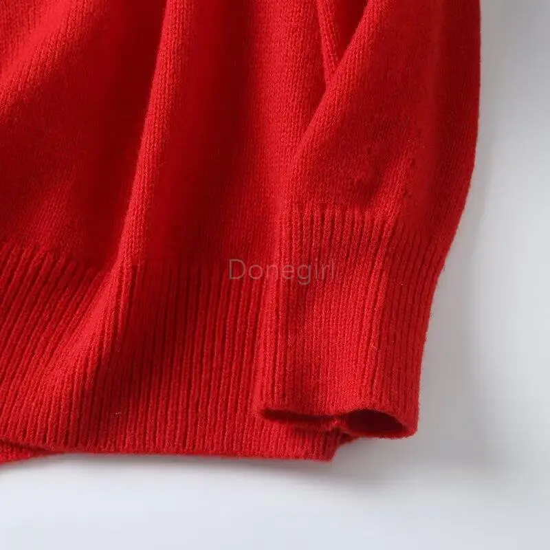 Donegirl 2024 Women Spring Autumn New Red V-neck Knitted Sweater Loose Pullovers Solid Casual Elegant Commute Tops Female Chic