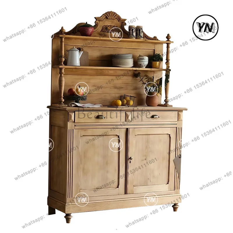 "Medieval Wood Color Side Cabinet" French retro carved living room storage cupboard can be customized