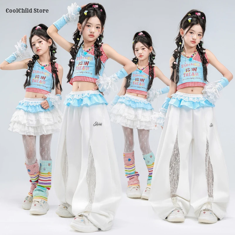Girls Hip Hop Contrast Crop Top Lace Pants Street Dance Skirt Children K-pop Streetwear Girl Group Clothes Set Kids Jazz Costume