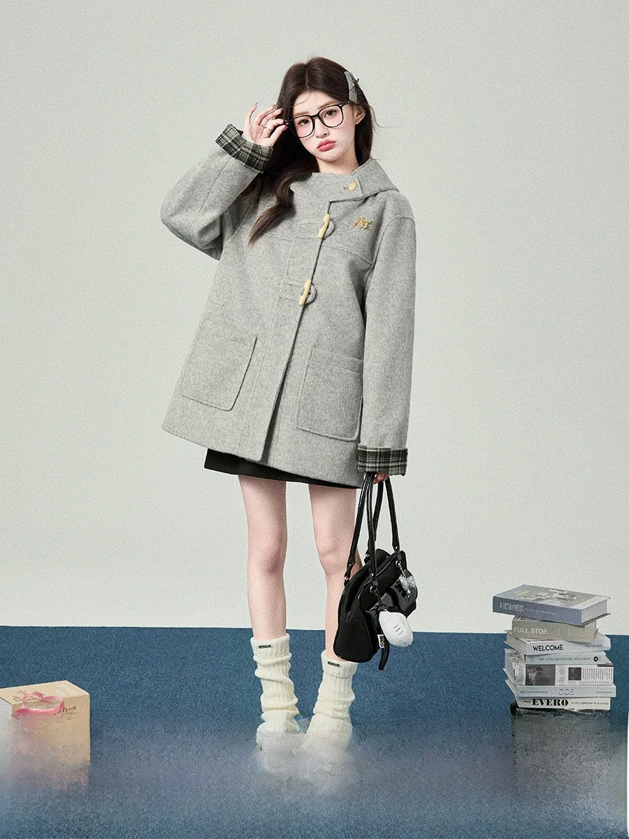 

Thiened шерстяное хлопковое пальто с роговицами на пуговицах осень-зима для колледжа Sweet Свободный крой Long Sve с капюшоном Jaet