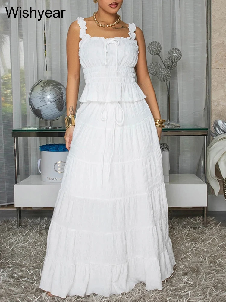 New White Tiered Maxi Dress Suit for Women Ruffle Strap Crops Tops and Smocked Waist Long Skirt 2 Pieces Set Summer Beach Party
