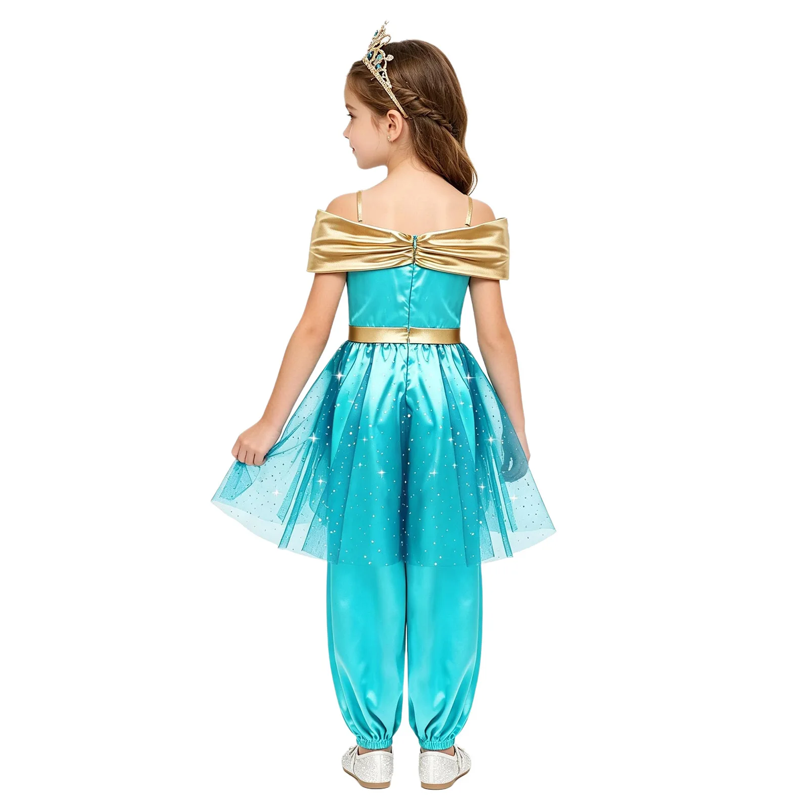Girls Arabian Princess Costume Jumpsuit Belly Dancewear Sequin Bodice Tulle Skirted One-piece for Halloween Dress-up Theme Party