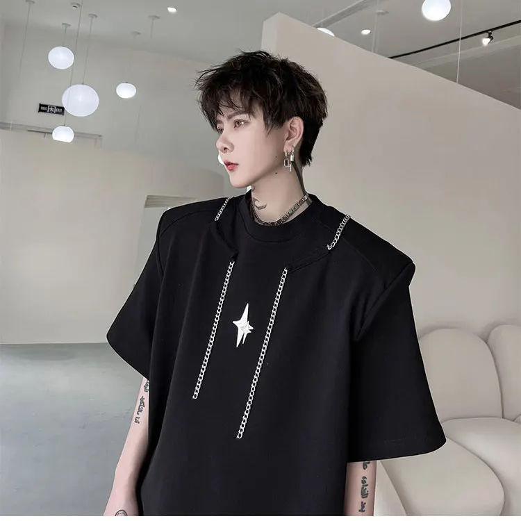 2024 summer niche high-end short-sleeved T-shirt men loose Korean style metal chain design half-sleeved couple tops y2k trendy