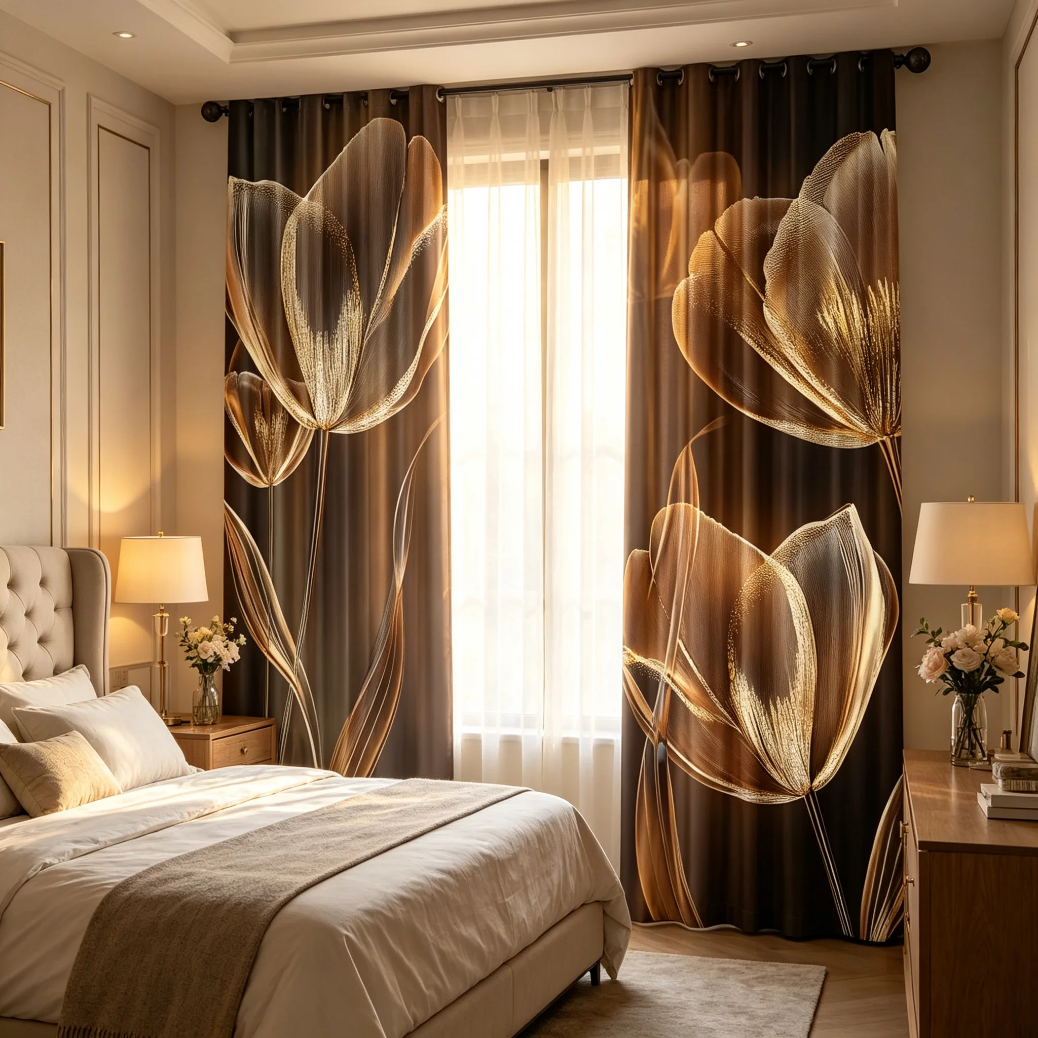 2PCS Digital Printed Curtains, Black Background Golden Flowers Luxury Floral, Window Drapes for Living Room Bedroom Home Decor