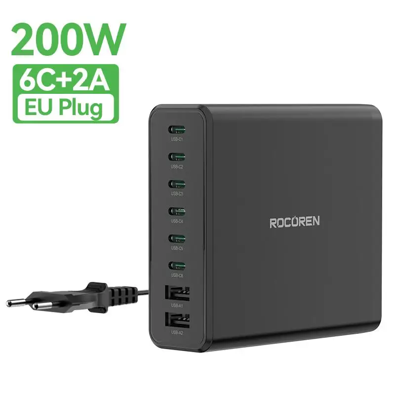 To Rocoren 200W 8 in 1 Multi Port USB Type C PD High Speed Charger Desktop Fast Charging Power Station For iPhone 15 Samsung