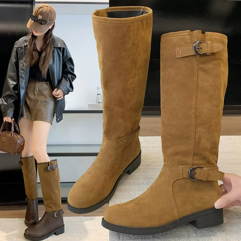 

Faxu Suede Knee High Boots Women Shoes Fashion Long Tall Boot Female Block High Heels Flock Brown Autumn Winter Shoes Large Size