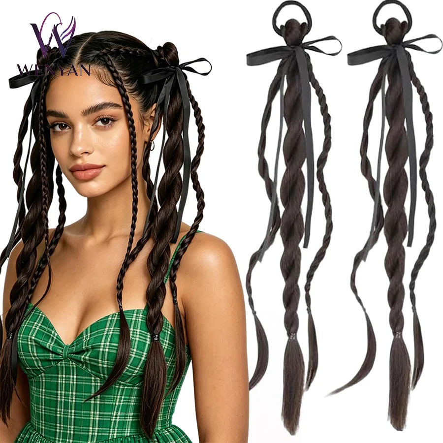 

2Pcs Braided Ponytail Extensions with Hair Ties Double Twist Braid Hair Rope Ribbon Bow Soft Synthetic Hairpieces