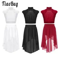 Kids Girls Lyrical Modern Dance Costumes Figure Skating Gymnastics Outfit Sleeveless Rhinestone Crop Tops and Chiffon Skirts