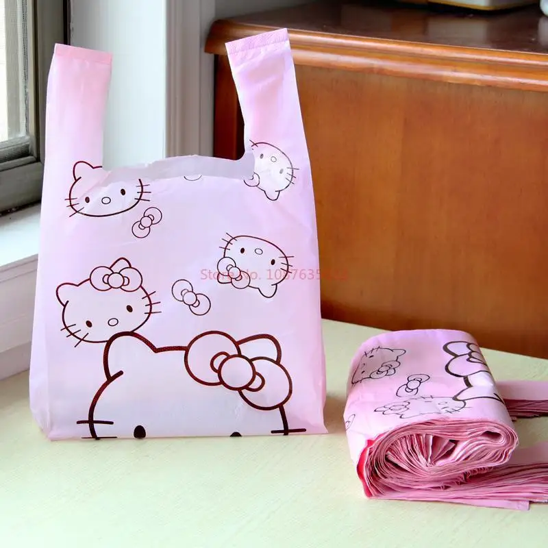 Sanrio-bolsa de plástico para la compra, 50 piezas, Hello Kitty, Cinnamoroll, Kuromi, portátil, de dibujos animados, bonita, para el hogar