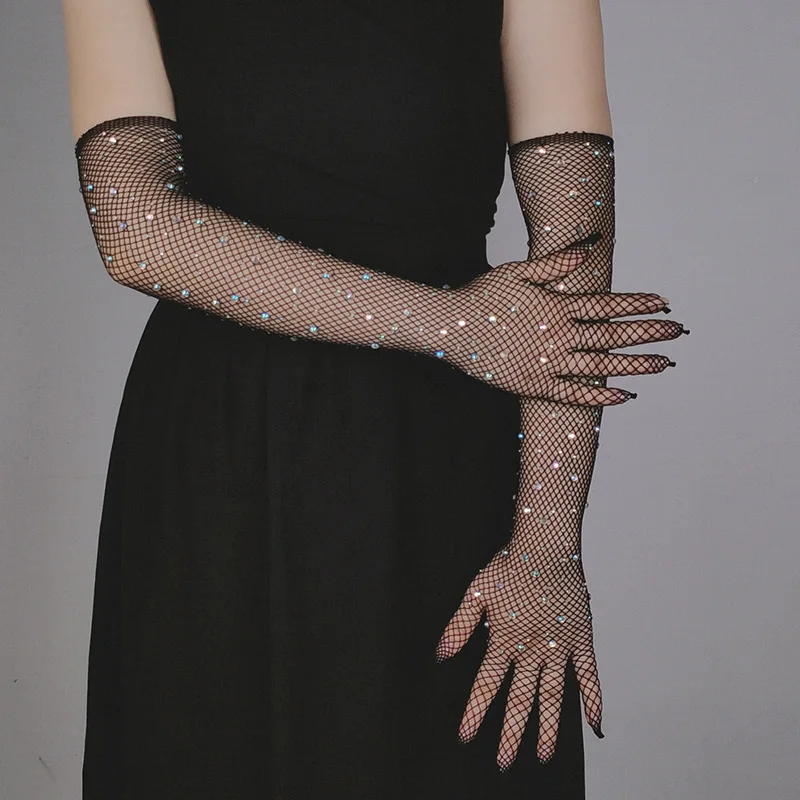 

Women Mesh Gloves 50CM Long Black Sexy Elastic Rhinestones Nightclubs Party Hot Girls Fishnet Gloves Female Cosplay R51