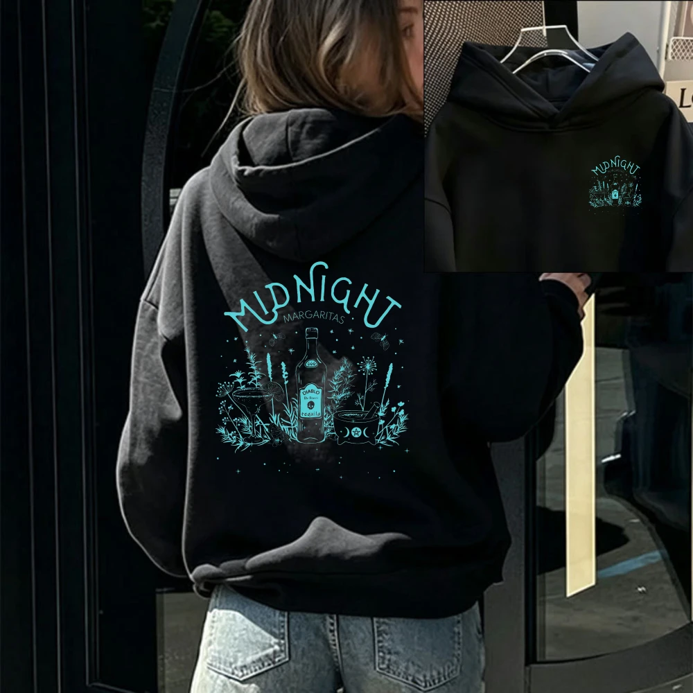 Midnight Margaritas Hoodie Magic‑Bottle Witch‑Herb Floral‑Plants Vintage‑Text Mystical‑Night‑Theme Cartoon Holiday Casual Hooded
