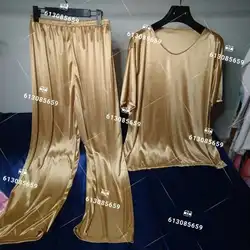 Summer spring glossy pajamas two-piece set Women loose sleeping plus size top and harem pants