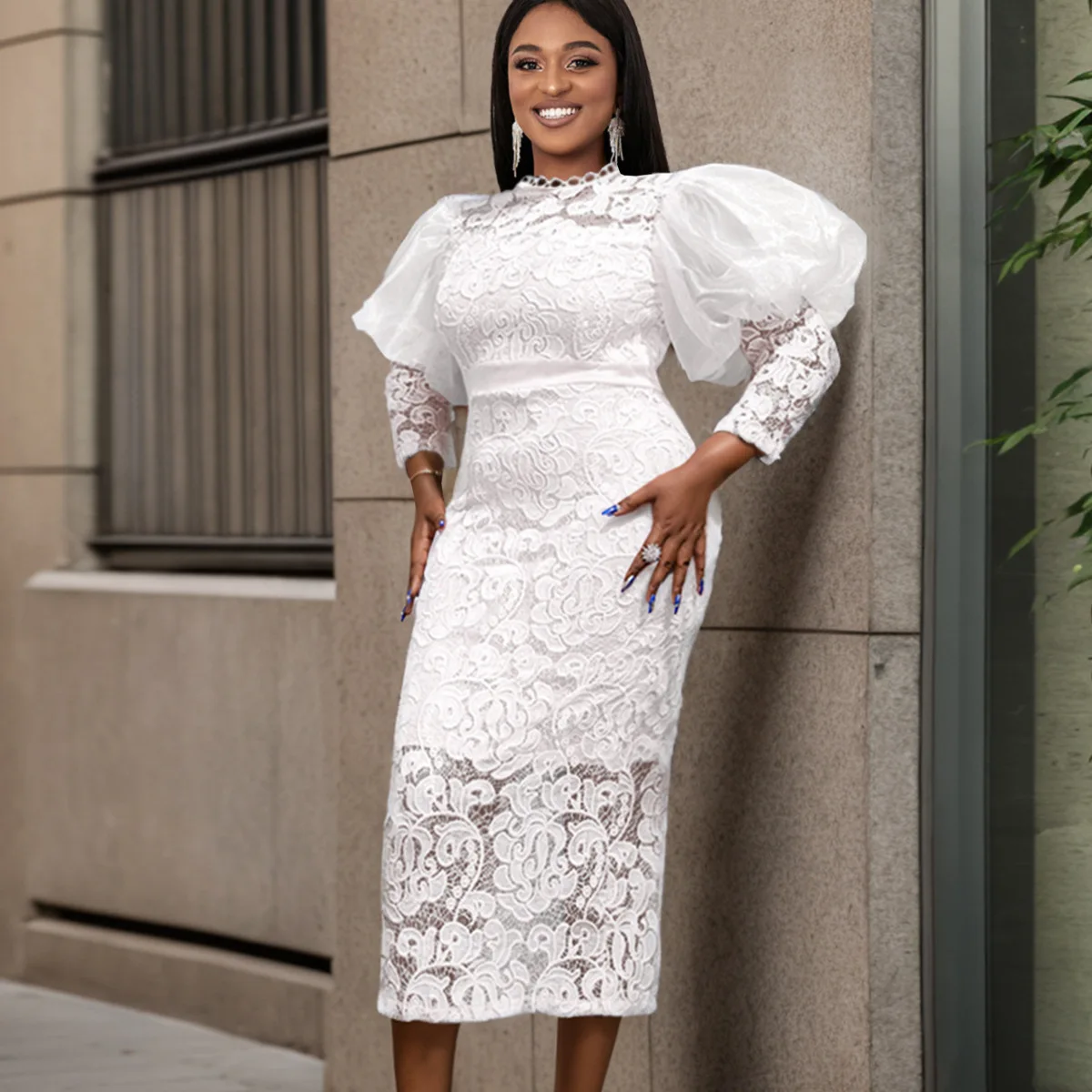 

Lace See-through Puff Sleeve Three-quarter Sleeve Slim Fit Party Dress for Women Vestidos De Mujer