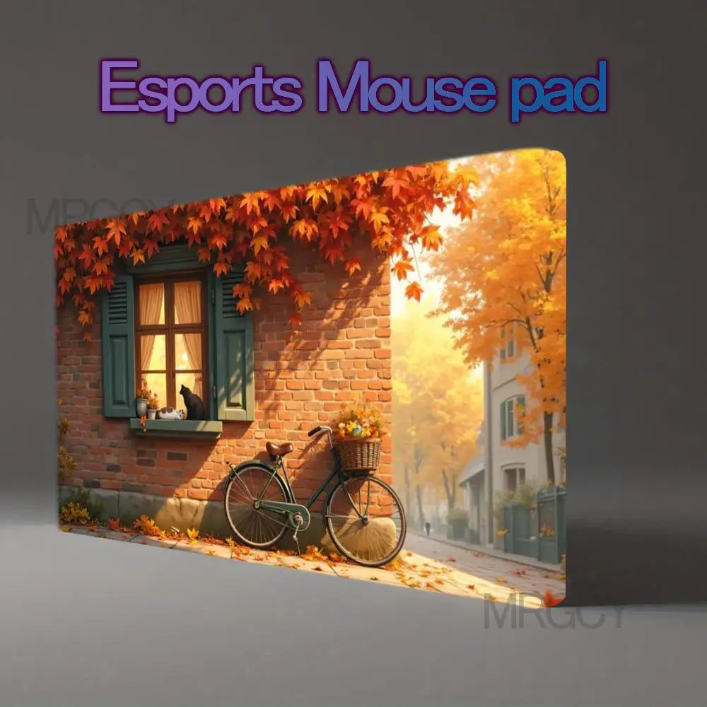 Brick Wall Window Cute Cats Vintage Bicycle Warm Fall Golden Leaves Town Scenery Anti‑Slip Rubber Desk Mat Gaming Mousepad