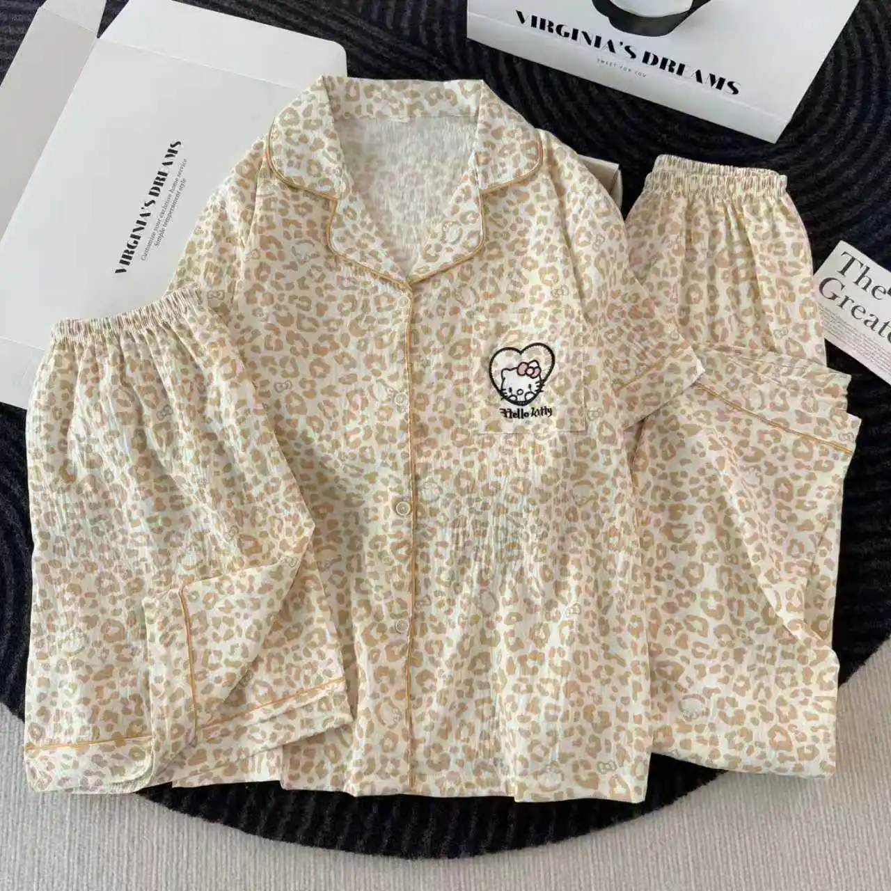 

Пижама Sanrio с леопардовым принтом, 3 предмета: брюки, шорты, футболка с коротким рукавом, летняя одежда для сна, пижама Hello Kitty, аниме-ночнушка, домашний костюм