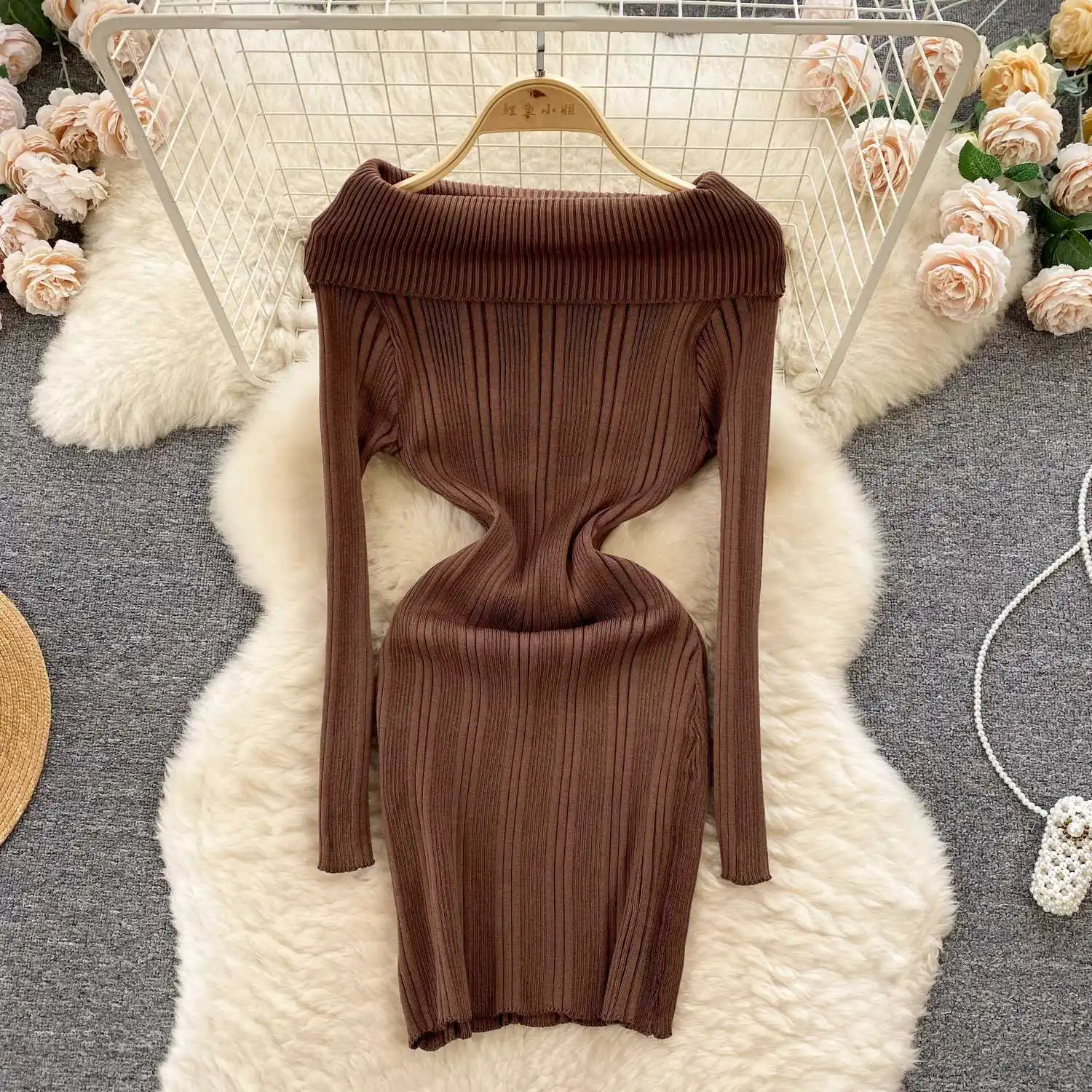 sexy brown sweater dress Long Sleeve Sweater Dress Sexy V Neck Bodycon Mini Fall Dresses main image 1