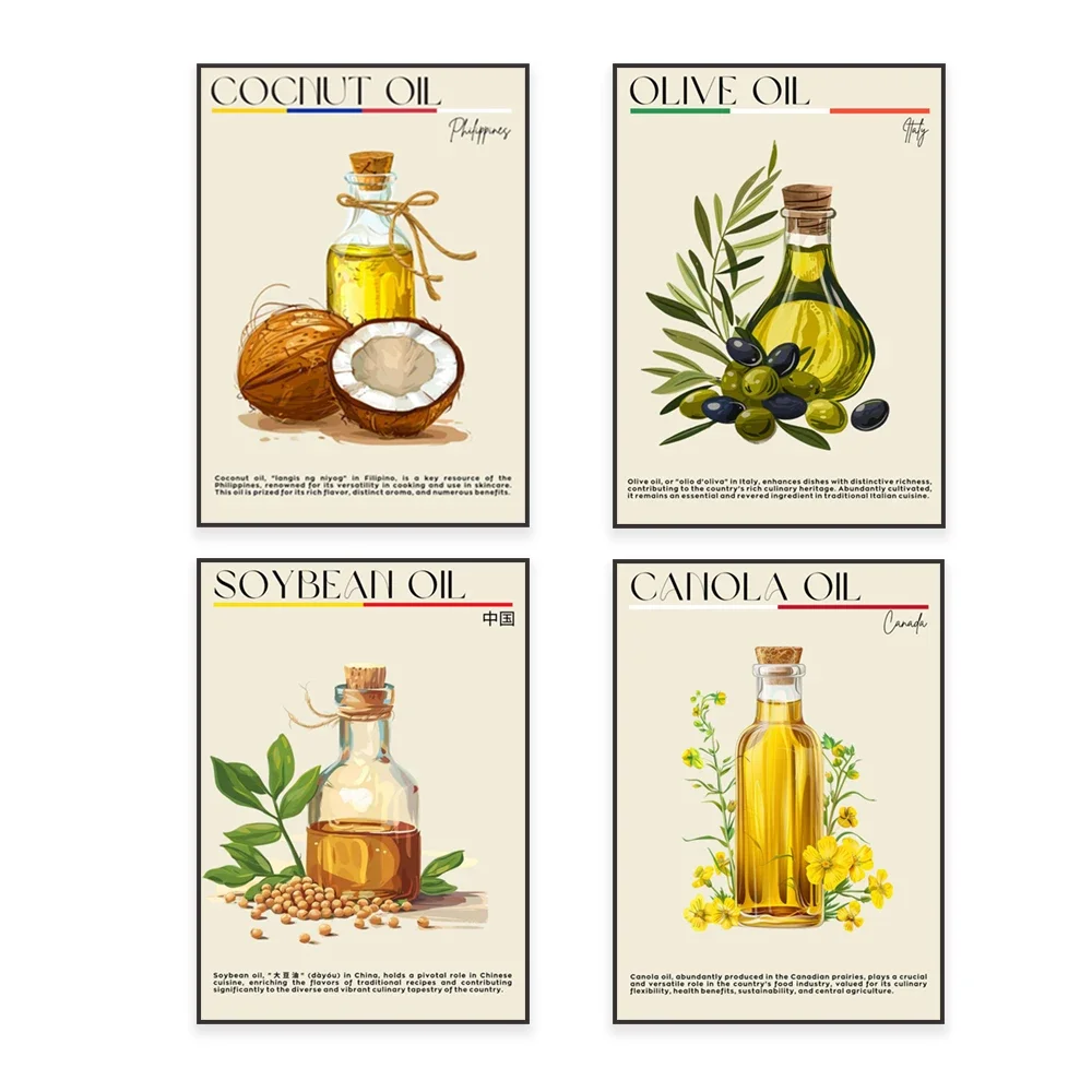 Kitchen poster, sunflower oil, soybean oil, canola, olive oil, Philippines, Ukraine, Italy, China, Canada, travel souvenirs