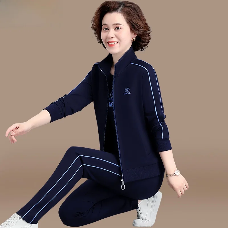 

Spring Faion Outerwear Set for Middle-Aged Mothers Casual Running Sportswear Loose Sle Long Pants Zipper Closure Polyeste...