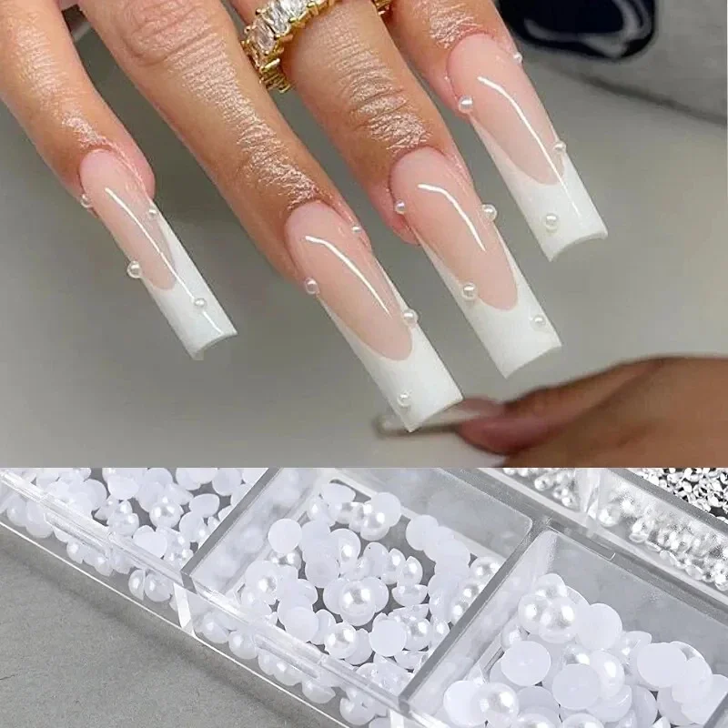 1 boîte de 12 grilles blanc demi-rond perle Nail Art décoration taille mixte argent or Mini boule en acier Rivet strass ongles 2030