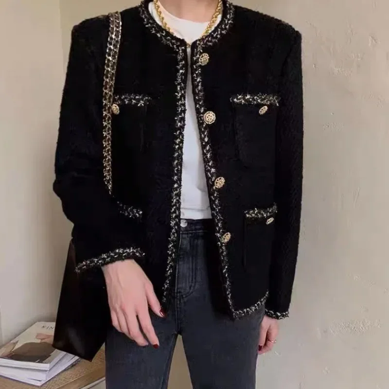 سترة نسائية أنيقة على الطراز الفرنسي خفيفة الوزن ناضجة للربيع والخريف والشتاء للتخسيس ومتعددة الاستخدامات ورقبة دائرية من التويد وأكمام طويلة #3