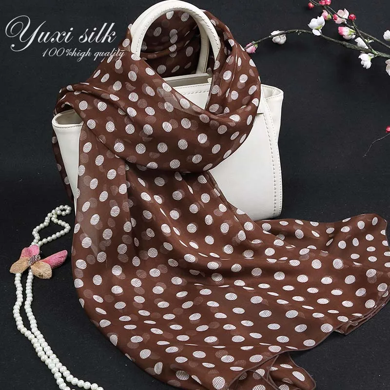 

High Quality Coffee Bottom White Polka Dot Scarf 100% Silk Long Scarves Women's Spring Autumn Winter Summer Thin