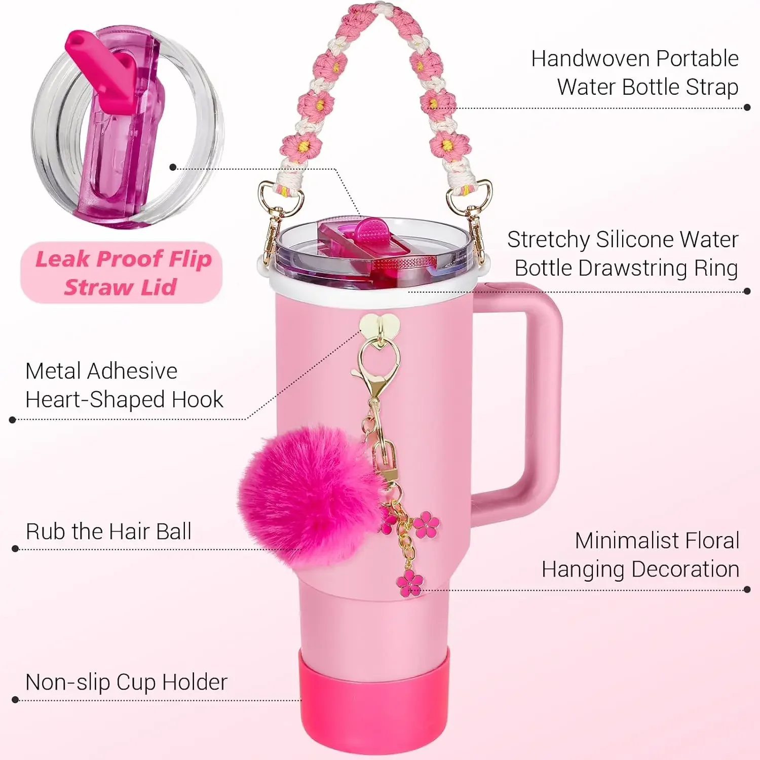 9pcs 40oz Tumbler Accessories for Stanley Cup Set Leak Proof Flip Straw Lid Water Bottle Handle Strap,Silicone Cup Boot Charms