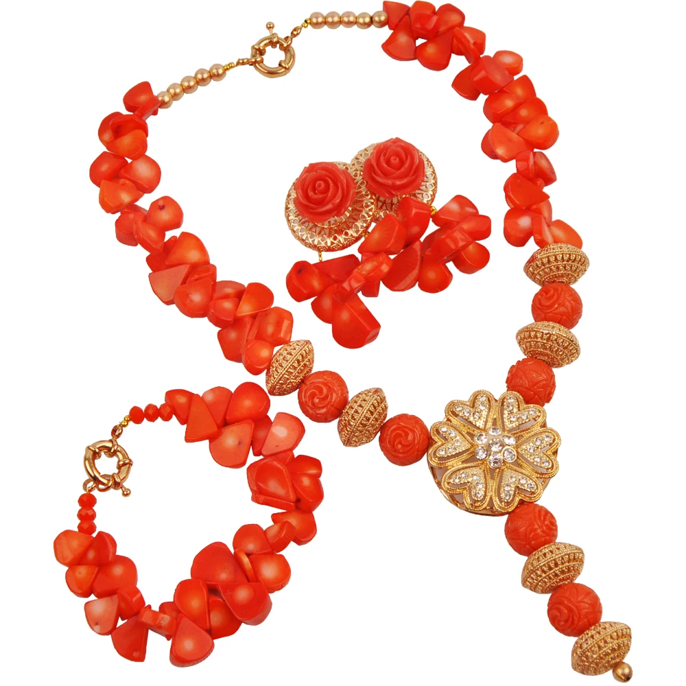 

African Wedding Beads Nigerian Orange Coral Jewelry Set