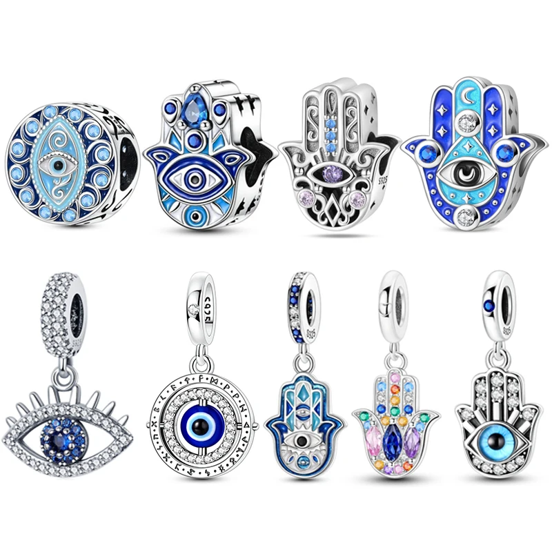 925 Silver Evil Eye Hamsa Hand Charms Beads Blue Enamel Zircon Large Hole Spacer Bead for Women DIY Bracelet Jewelry Making Gift