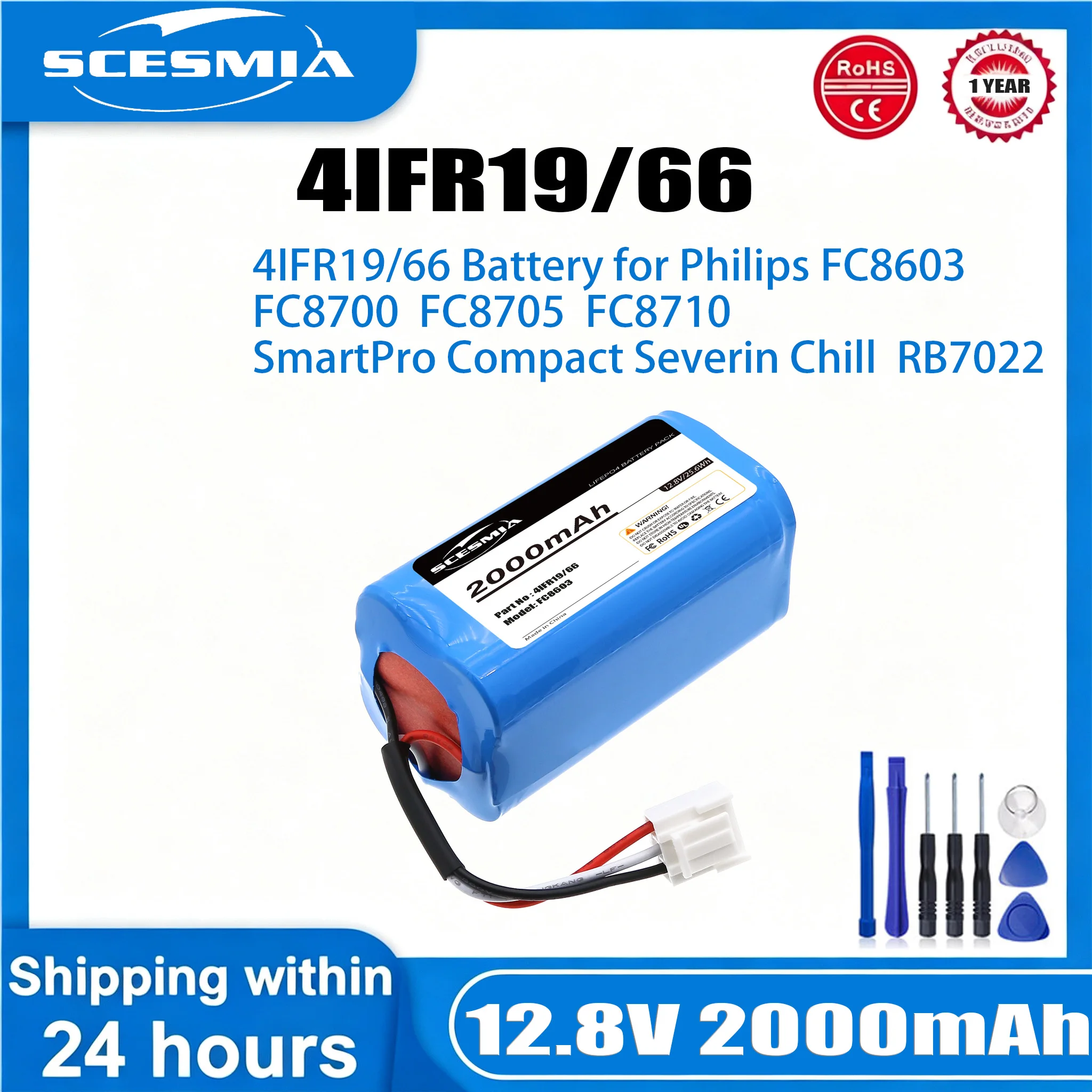 2000mAh Battery for Philips 4IFR19/66,CP0111/01,Severin Chill 4404048,FC8603, FC8700, FC8705, FC8710, Smartpro, Compact