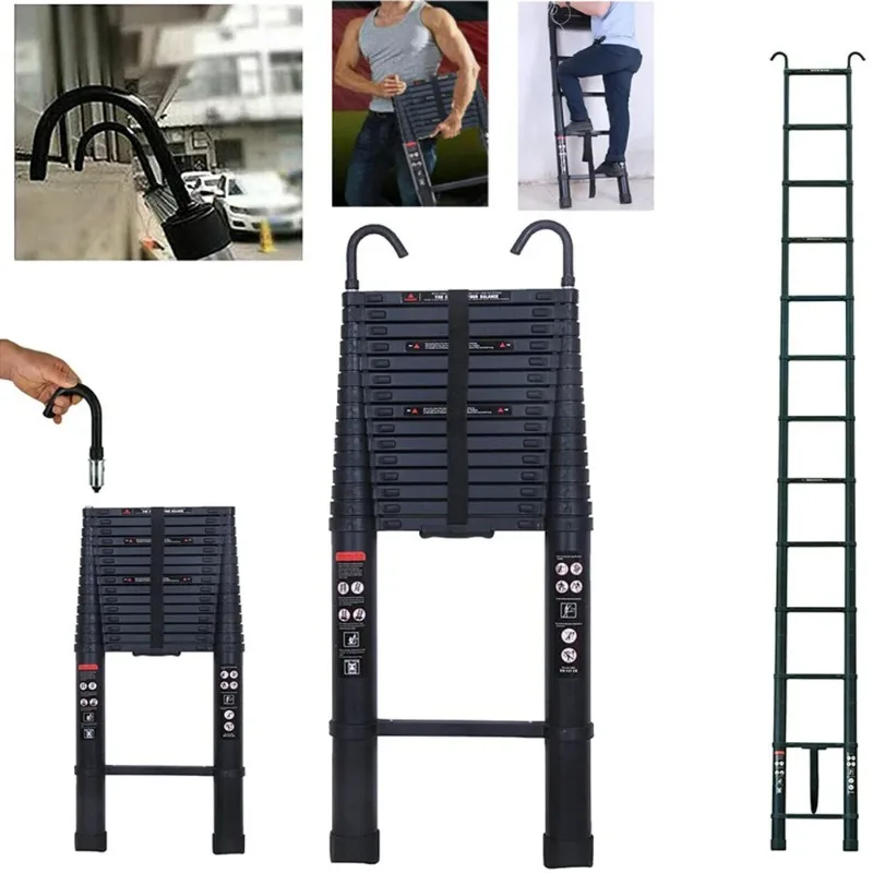14 Steps Aluminum Extending Roof Ladder for Multi-Purpose Indoor Outdoor Ladder，6.2M Heavy Duty Telescopic Ladders with Hooks