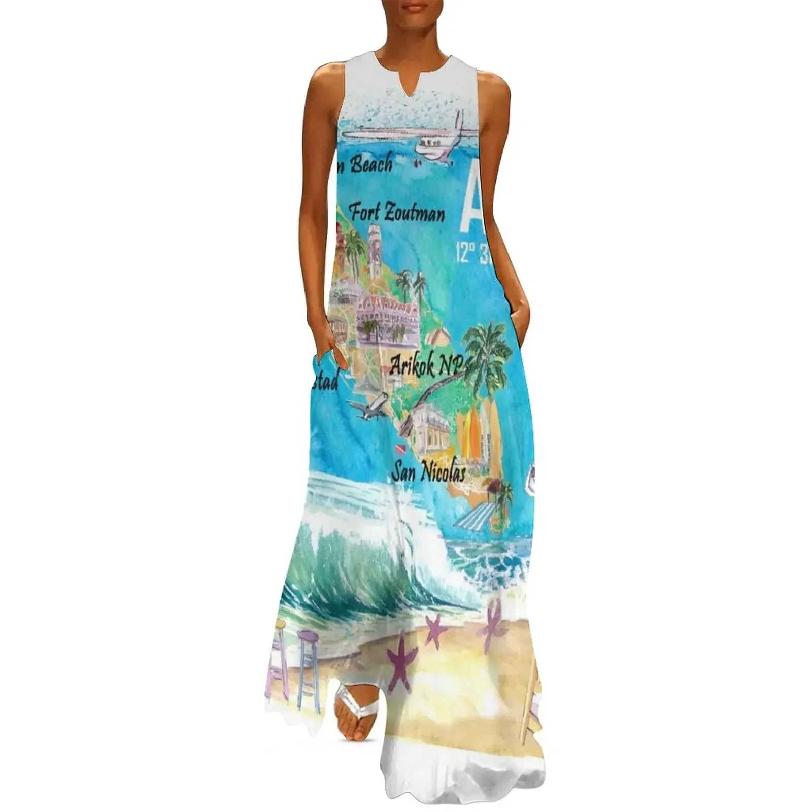

Aruba Dutch Antilles Caribbean Island Illustrated Travel Map with Tourist Highlights Long Dress birthday dresses for women Dress