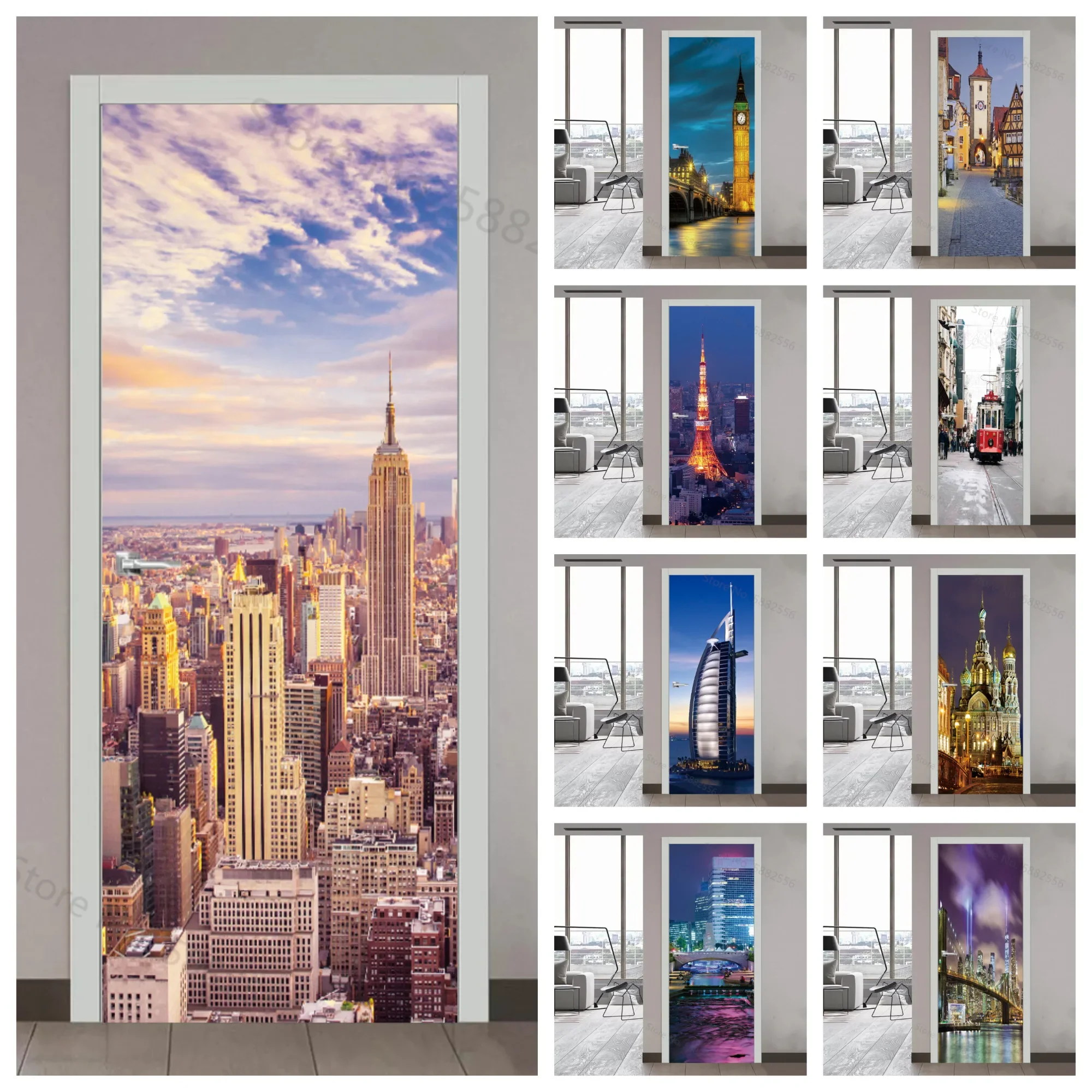 Custom 120x250cm Door Stickers Mural Paintings City Building Sunset Night View Photo Wallpaper Decal Living Room Bedroom Decor