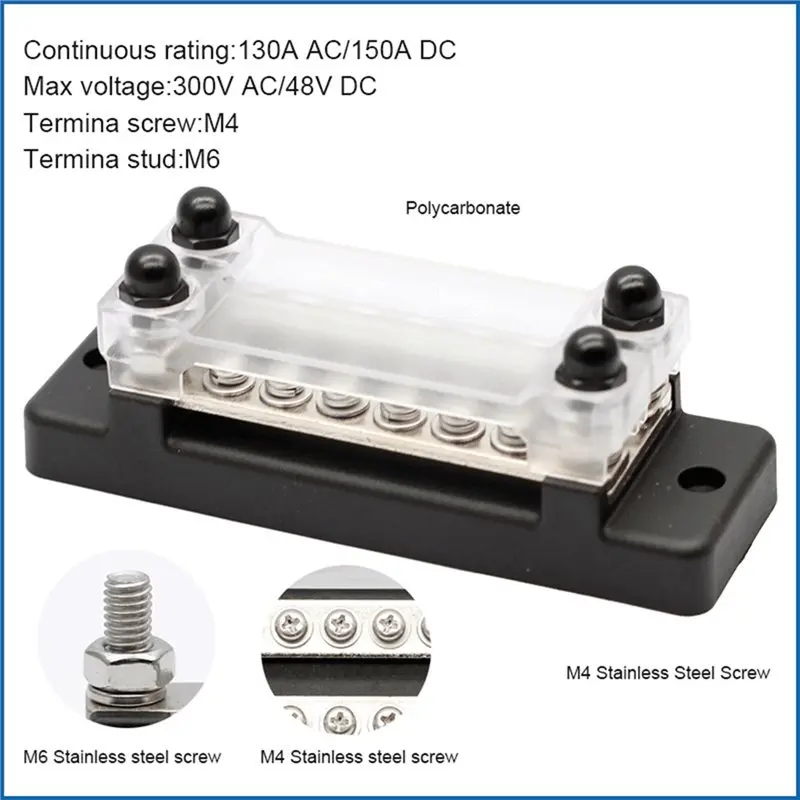 High-Current 150A 48V Dual-Row 6-Channel For Storage Rvs DC Busbar, Copper Wiring For Truck Car