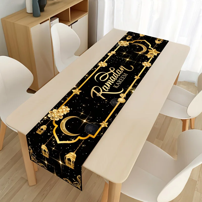 VIKAMA Eid Mubarak Polyester-Tischläufer, schwarze Halbmondlaterne, rechteckiger Tischläufer, geeignet für Ramadan-Dekorationen