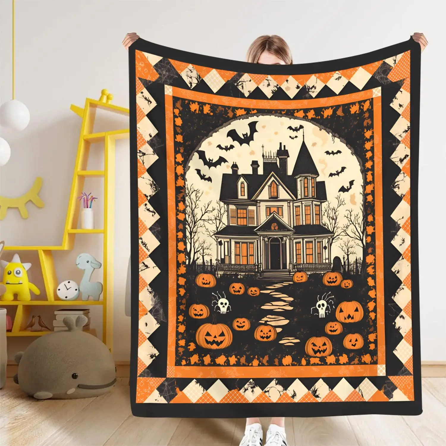 Halloween Throw Blanket - Spooky Mansion, Jack-O'-Lanterns & Bats Design in Black, Orange