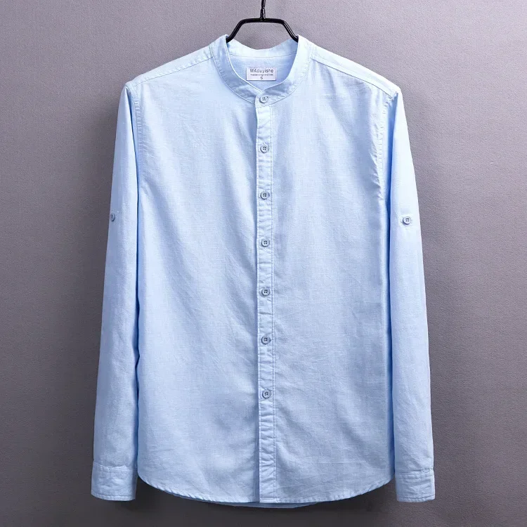 

Spring Summer Japane Style Mens Long Sleeve Shirt Casual Stand Collar Shirt Cotton Linen Shirt Men Breathable Simple Top Slim