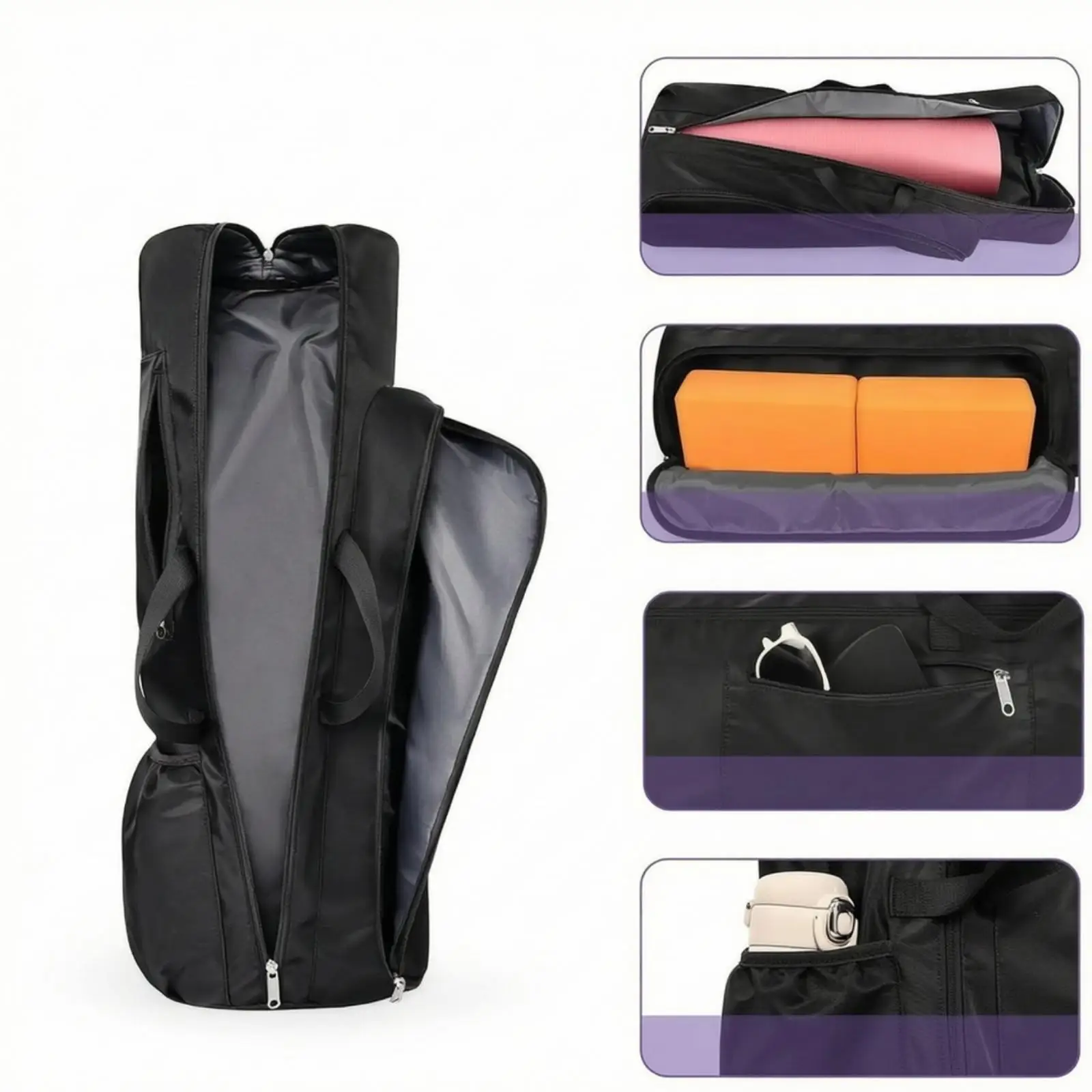 Gym Storage Carrier Black Polyester Fitness Backpack with Pilates Mat Bag Holder 36L Multiple Zippered Compartments - view 6