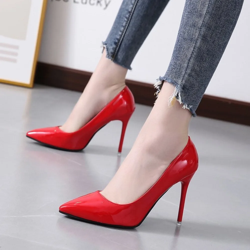 

Nude Pumps for Women High Heel Shoes Female Fashion Patent Leather Sexy Pointed Toe Thin Heel Wedding Shoes Plus Size 35-43