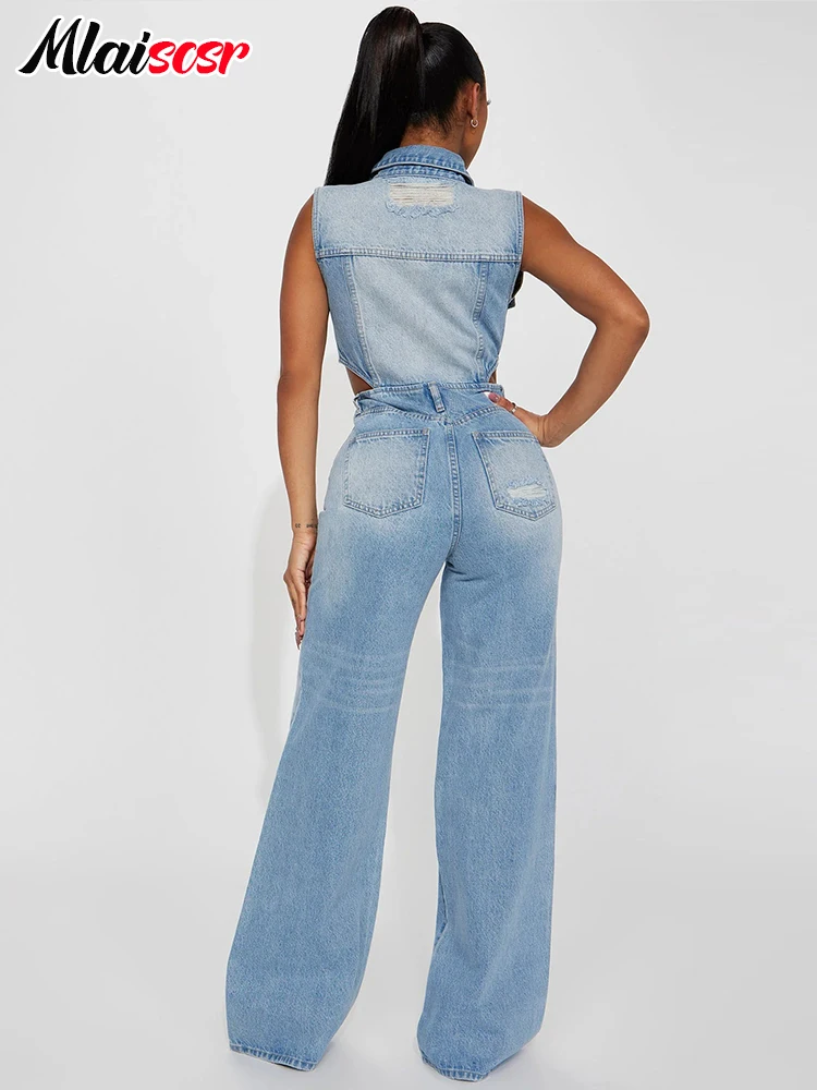 Mlaiscsr Blue Hollow Out Straight Stretch Denim Jumpsuit Women Lapel Button One-piece Pants Jeans Rompers Female Cowboy Overalls