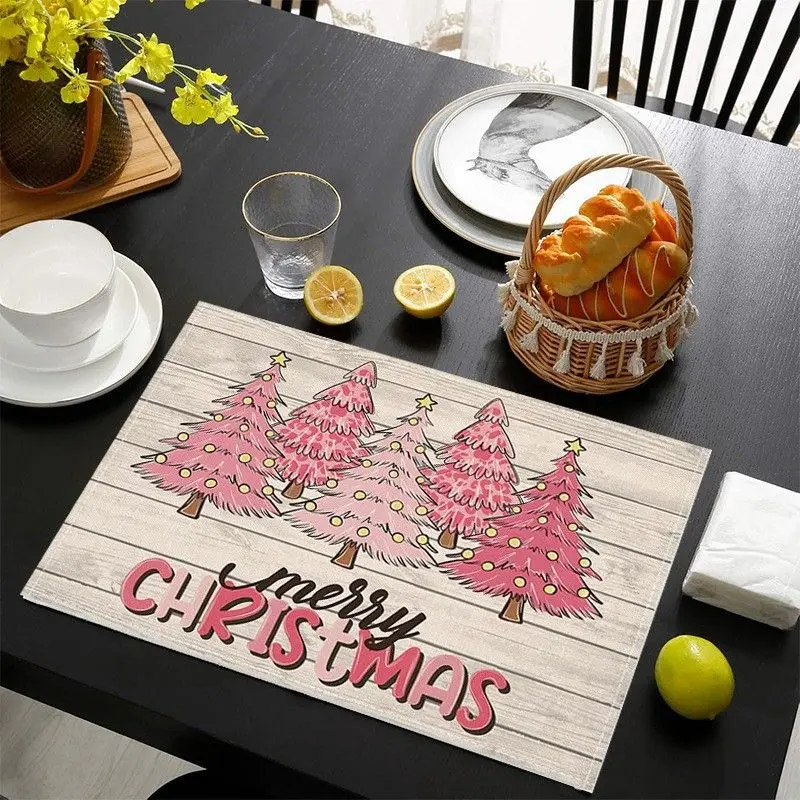 VIKAMA Pink Christmas Tree Christmas Meal Mat Waterproof and Insulated Table Mat Holiday Party Home Restaurant Table Decor Mat