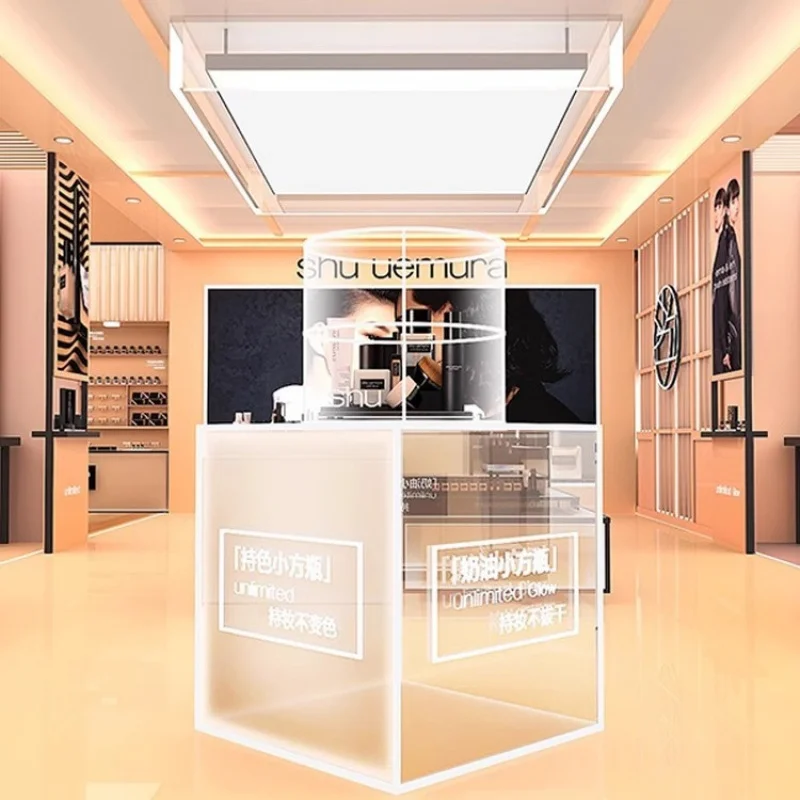 Maßgeschneiderte kosmetische Vitrine Hautpflege Schönheit Shop Regal Rack Lippenstift Display Rack Farbmischung Insel Make-up Zählen