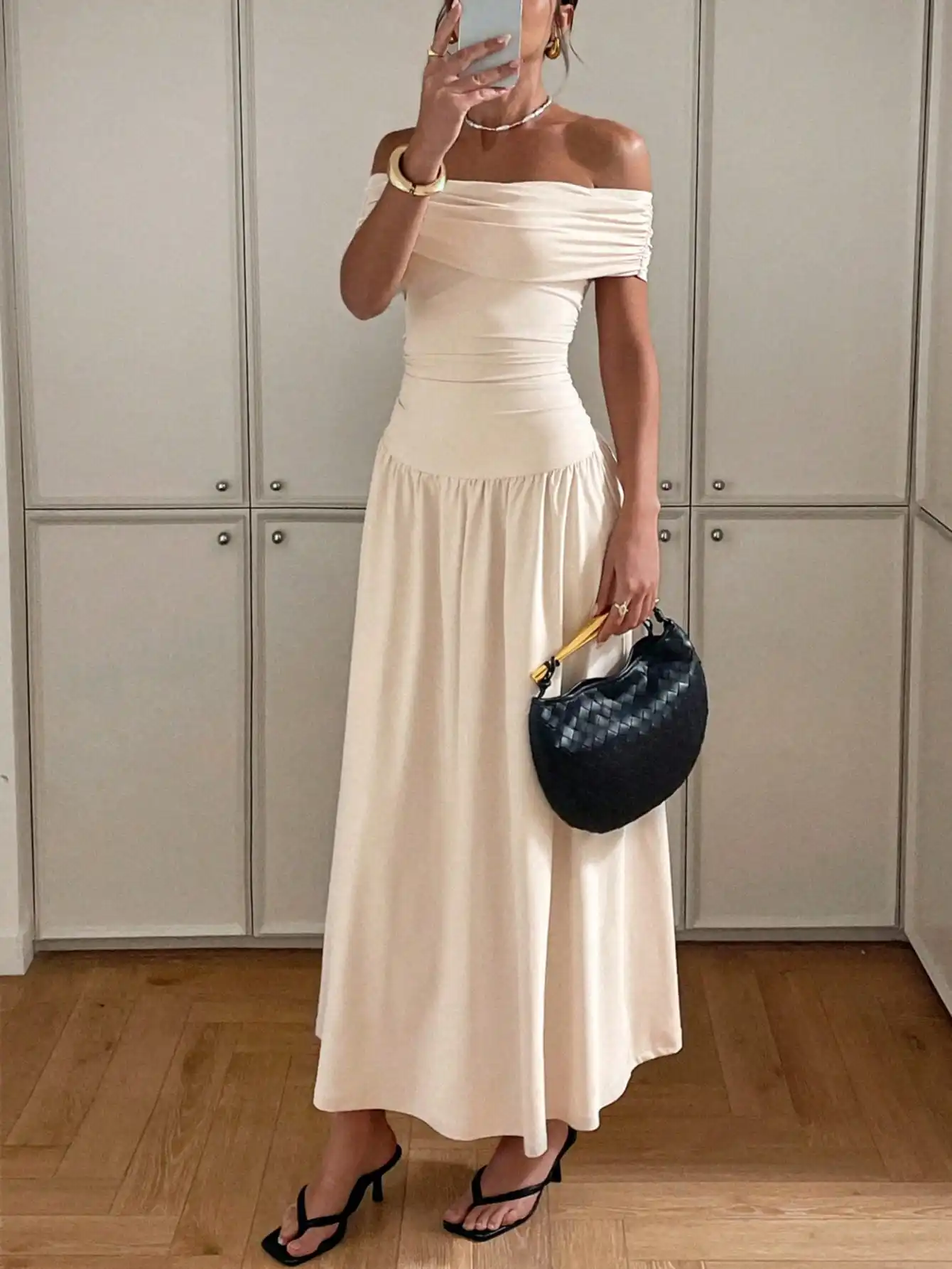 

Off Shoulder Cinched Waist Maxi Dress in Solid Cream, Elegant Summer Evening Wear