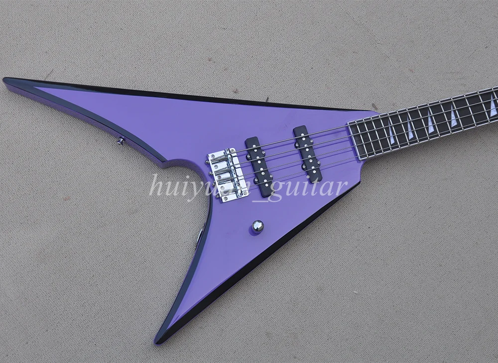 Flyoung 4 Strings Purple V Electric Bass Guitar with Black Trim Rosewood Fretboard 24 Frets