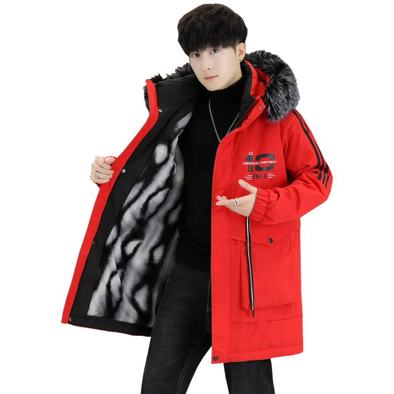 

New 2023 Autumn Winter Men's Mid-Length Plush And Thick Hooded Jackets Youth Long Fleece Coat Streetwear Warm Parkas Windbreaker