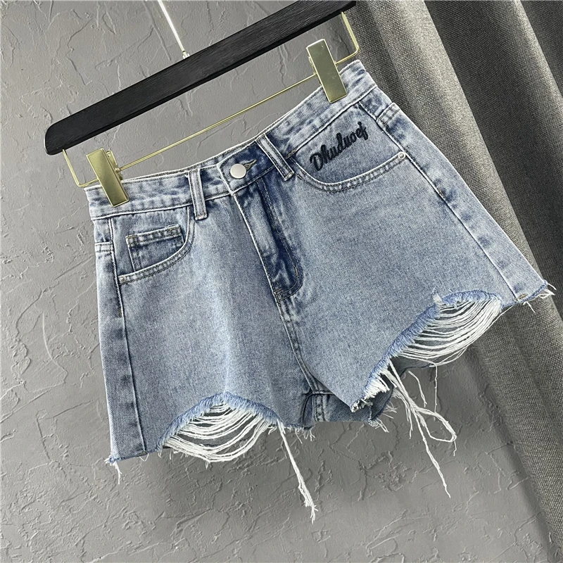 Fashion Women Denim Shorts Zebra-Stripe Pocket Ripped Hole Hot Pants Summer Raw Edge A-Line Casual Jean Shorts